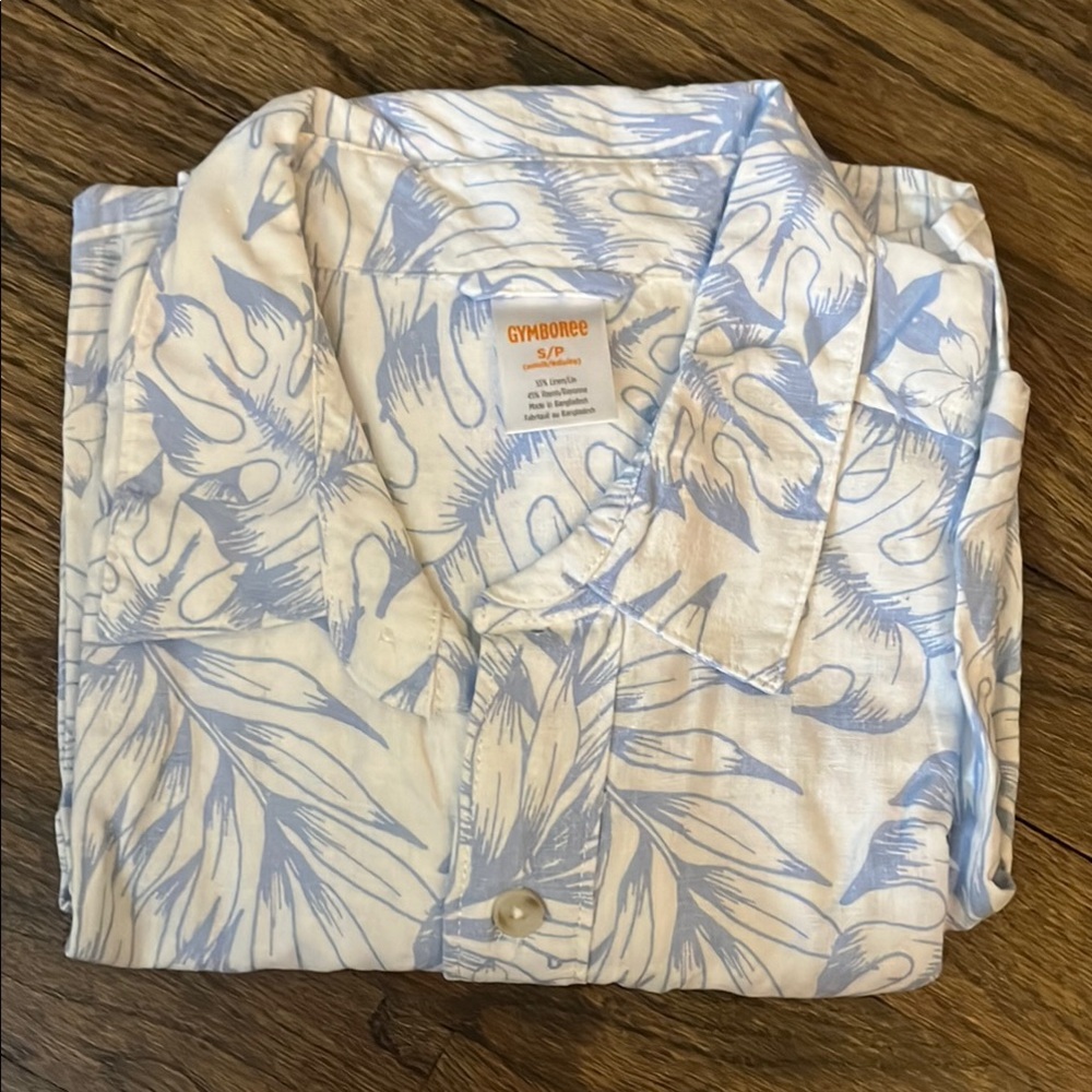 Gymboree White and Blue Leaf Pattern Shirt